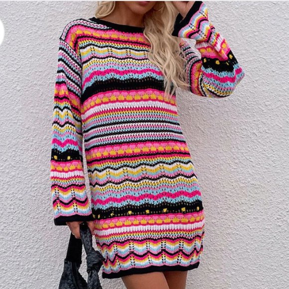 anna-kaci Dresses & Skirts - anna-kaci Vibrant Holiday Knit Sweater Bell Long Sleeve Mini Dress Size Small